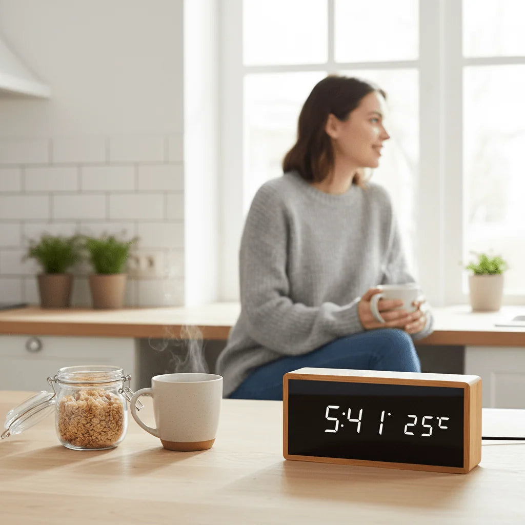 Alarm Clock | Bamboo LED Time & Temperature | USB & Battery-Powered
