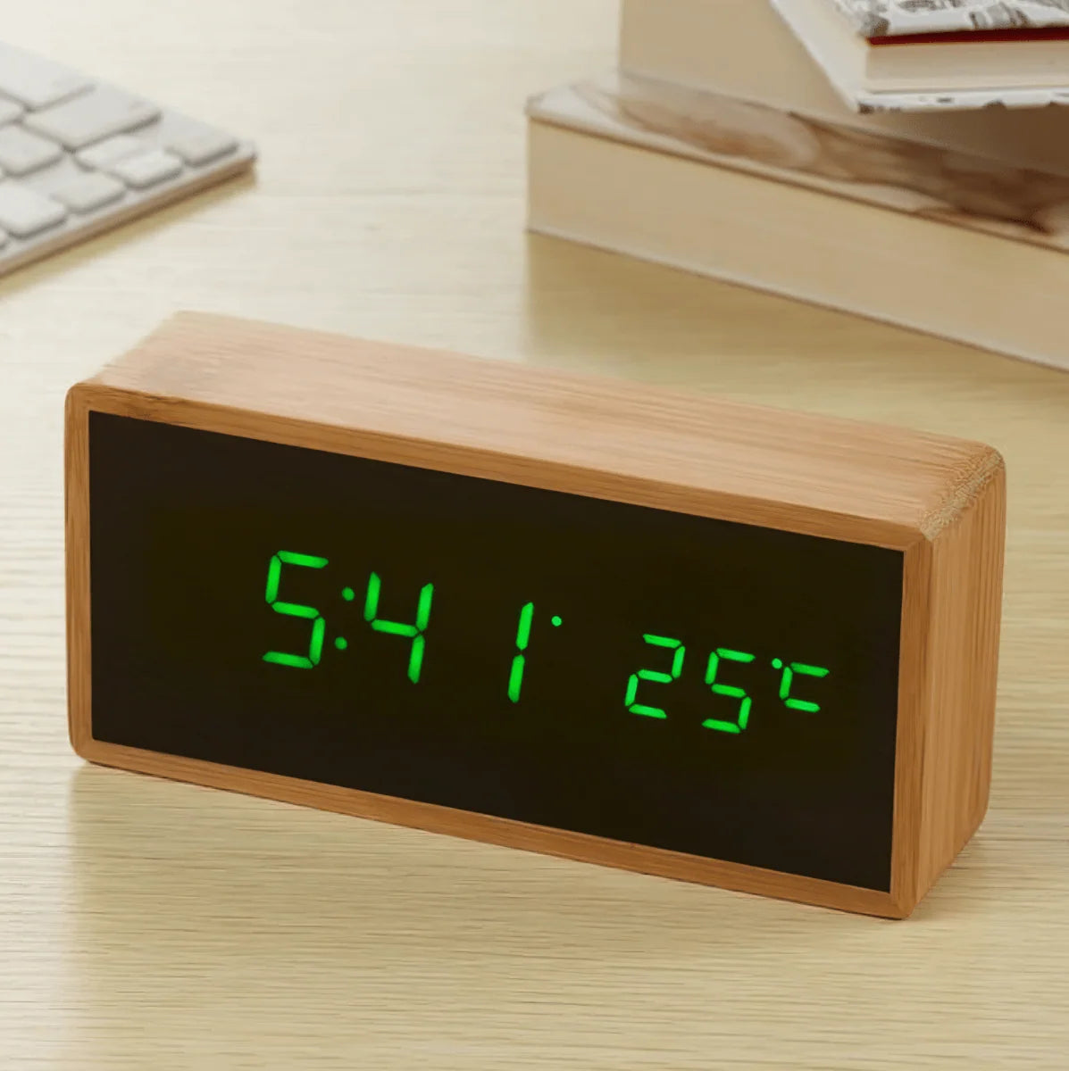 Alarm Clock | Bamboo LED Time & Temperature | USB & Battery-Powered