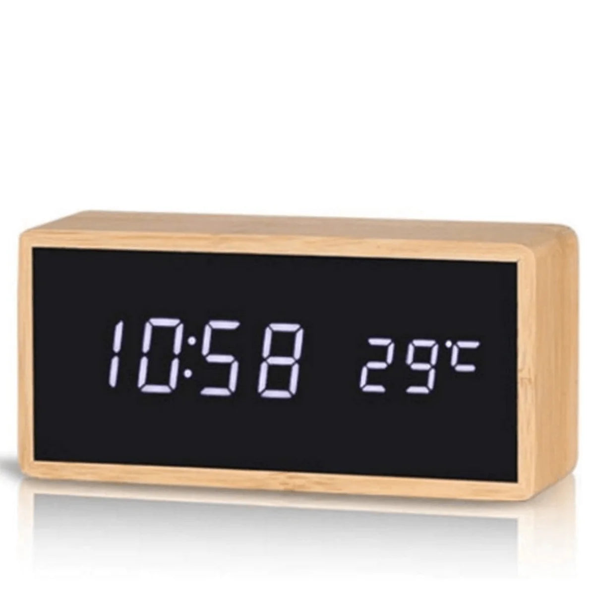 Alarm Clock | Bamboo LED Time & Temperature | USB & Battery-Powered