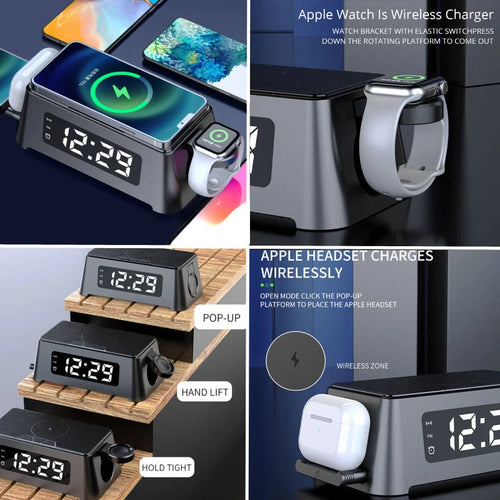 Alarm Clock Charging Station | Wireless Qi & 30W Multi-Device | 4-In-1