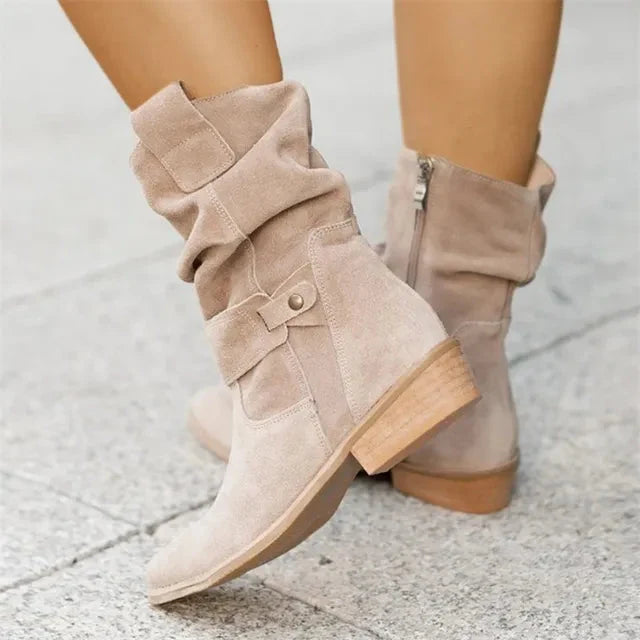 Ankle Boots | Suede Slouchy Shaft & Side Zipper | 2-Inch Wooden Block Heel