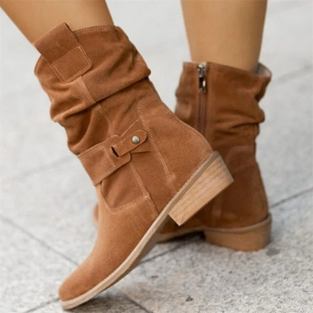 Ankle Boots | Suede Slouchy Shaft & Side Zipper | 2-Inch Wooden Block Heel