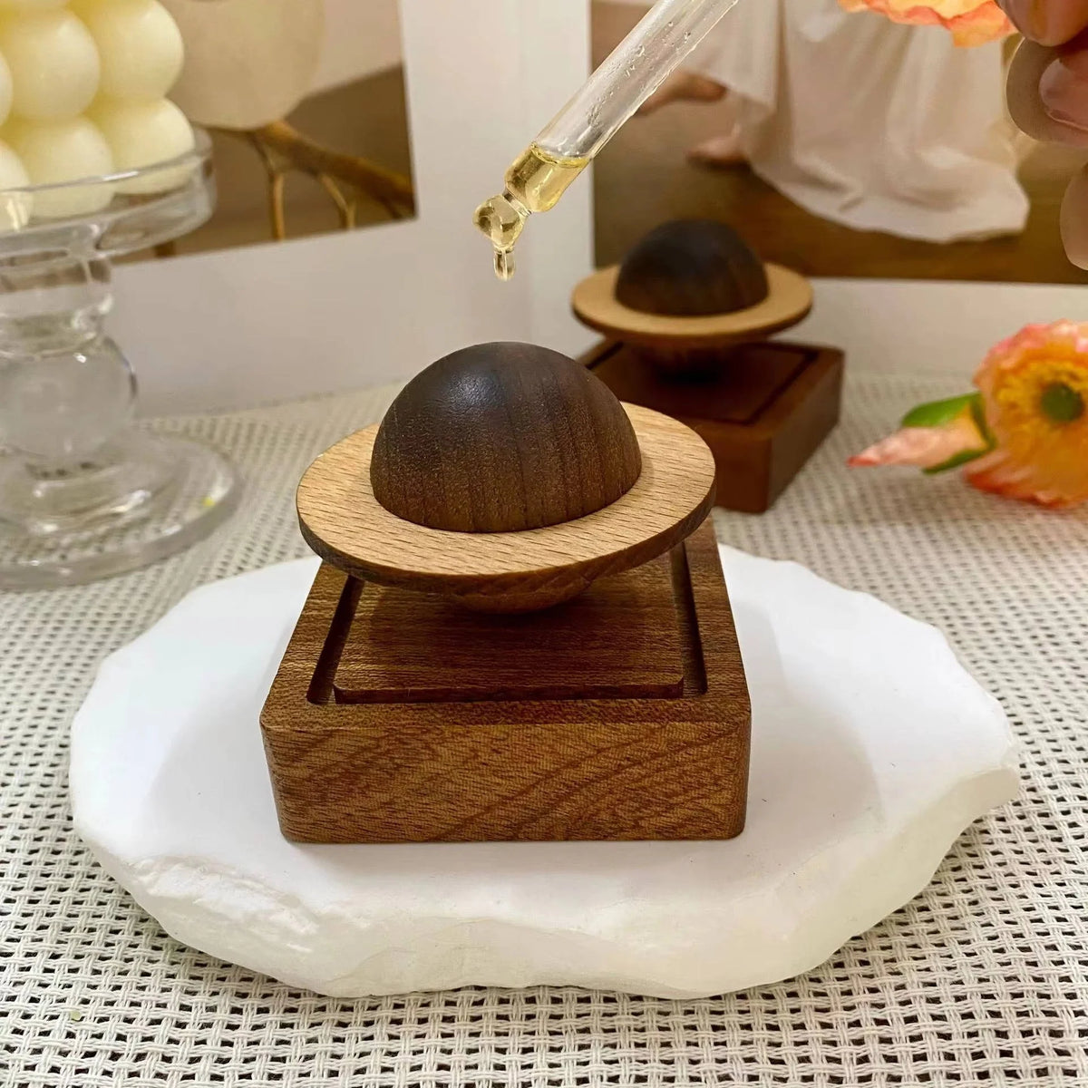 Aroma Diffuser | Carved Wood Jupiter Orbit | Waterless & Cordless | Magnetic Base