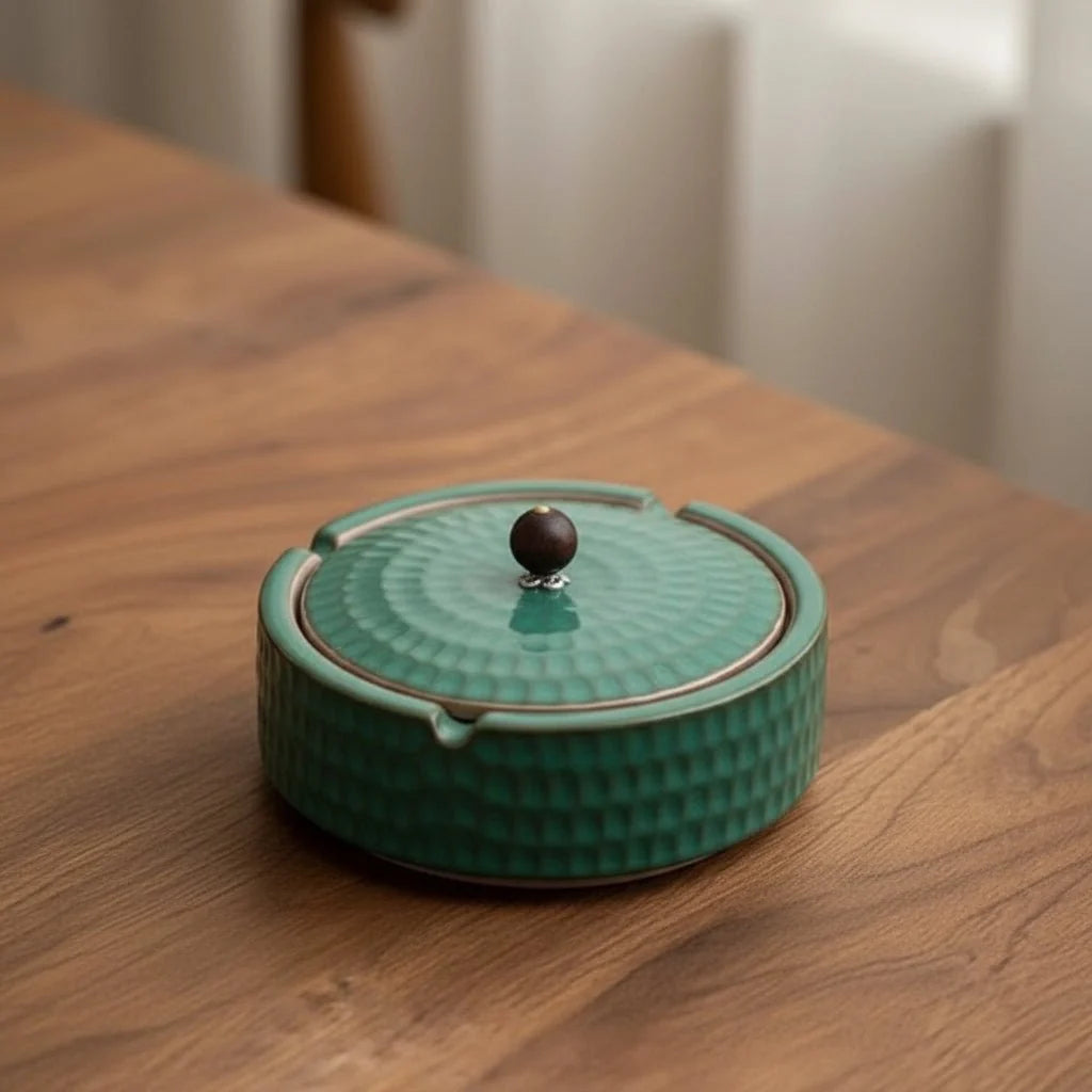 Ashtray | Handcrafted Glazed Ceramic & Wooden Lid