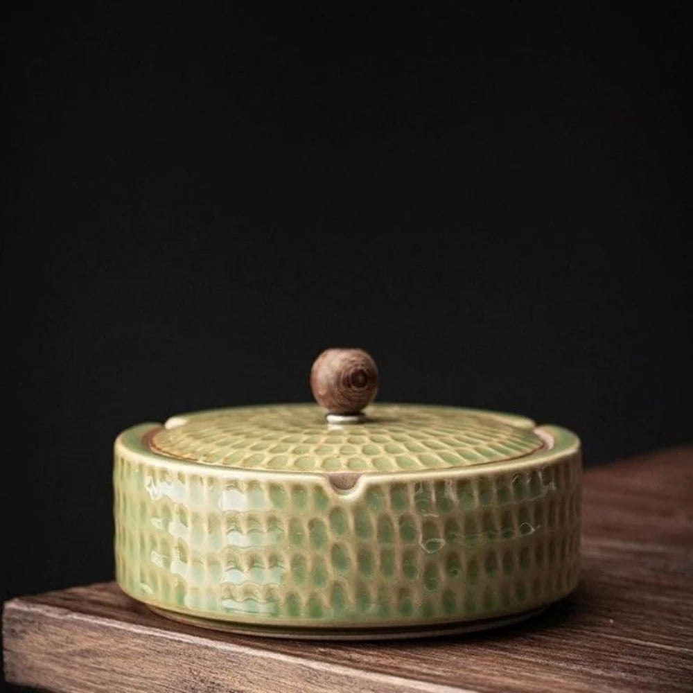 Ashtray | Handcrafted Glazed Ceramic & Wooden Lid