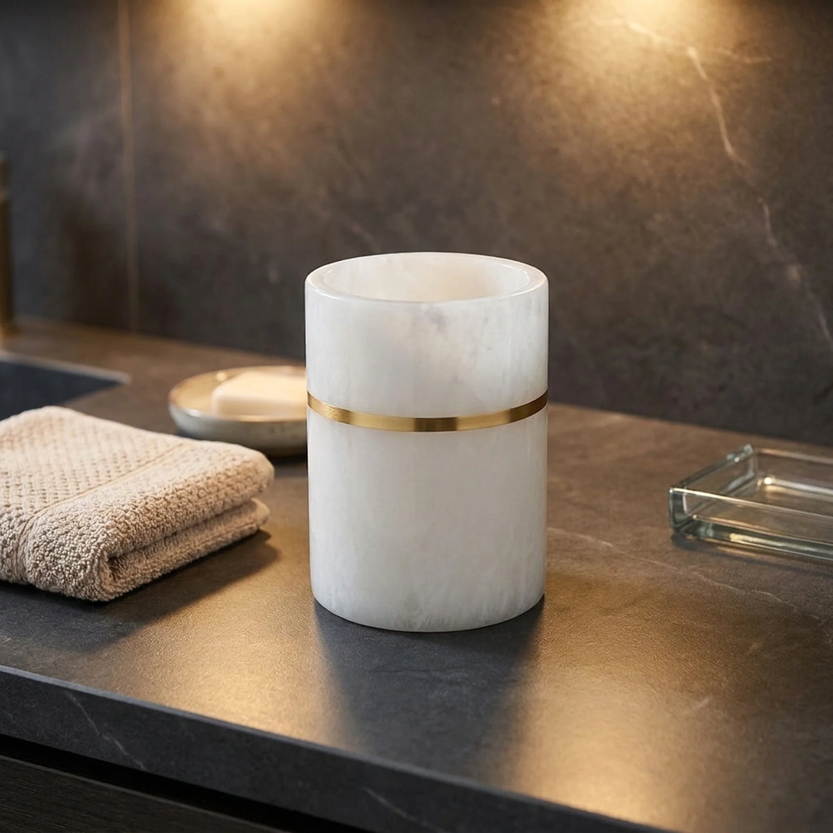 Bathroom Cup | Marble-Look Resin & Gold Accents