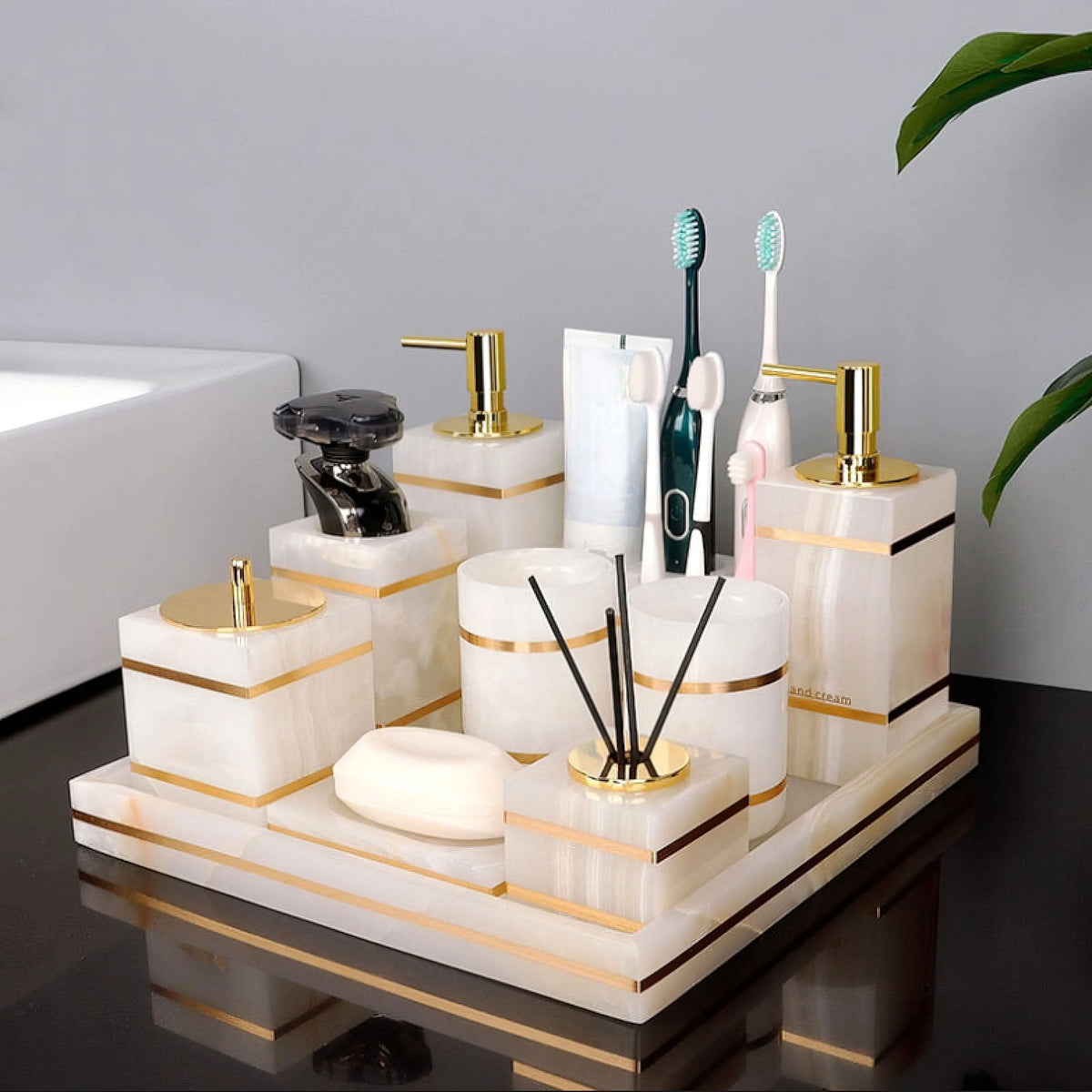 Bathroom Cup | Marble-Look Resin & Gold Accents