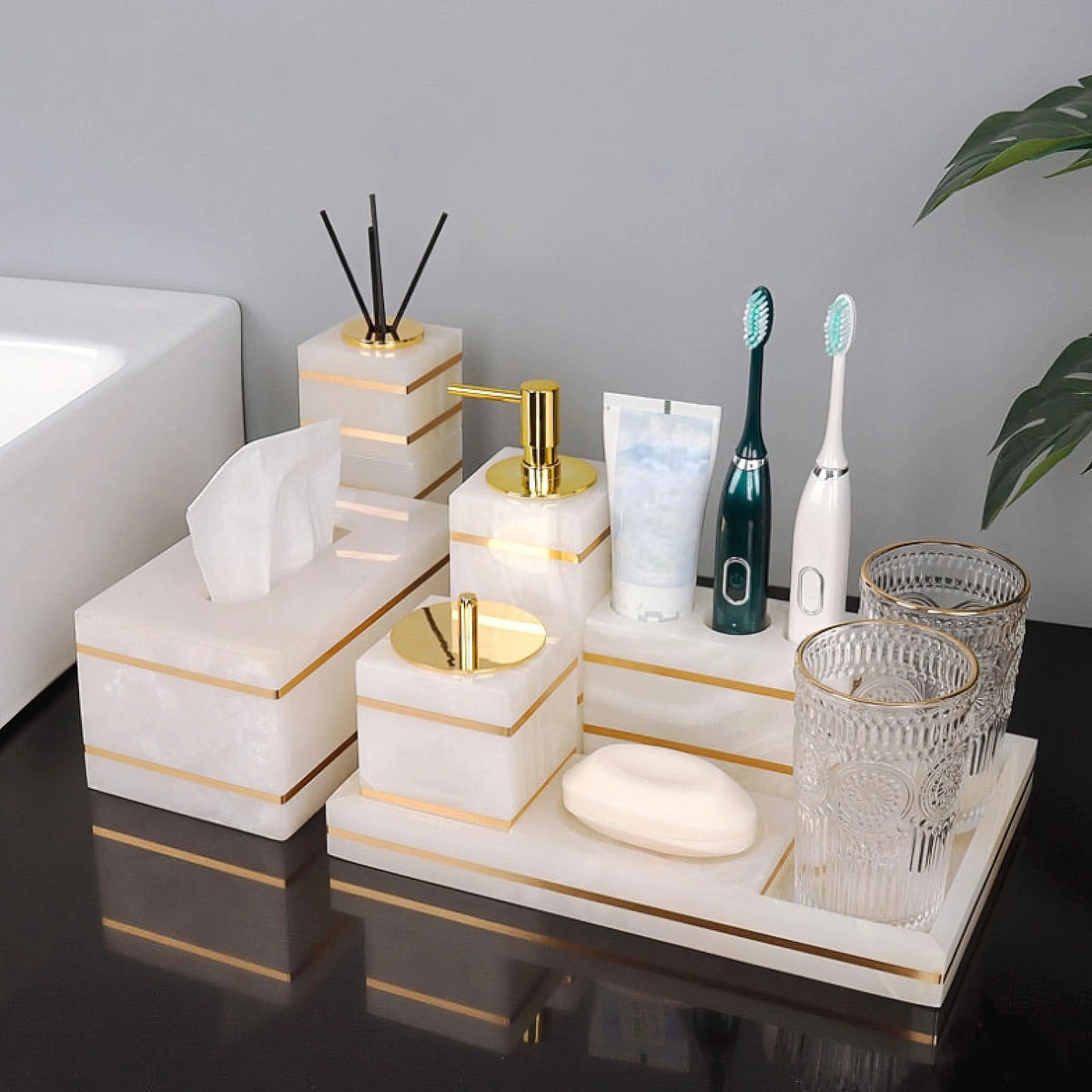 Bathroom Cup | Marble-Look Resin & Gold Accents