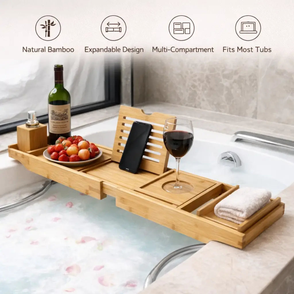 Bathtub Caddy Tray | Adjustable Bamboo & Laptop Stand | Fits 75–111 cm