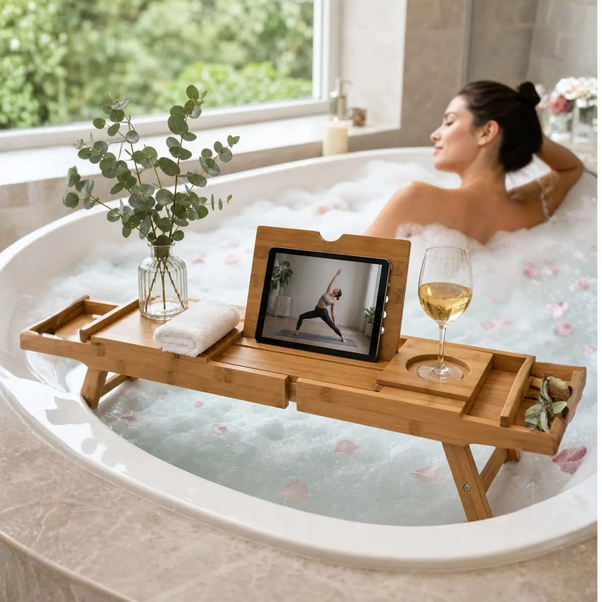 Bathtub Caddy Tray | Adjustable Bamboo & Laptop Stand | Fits 75–111 cm