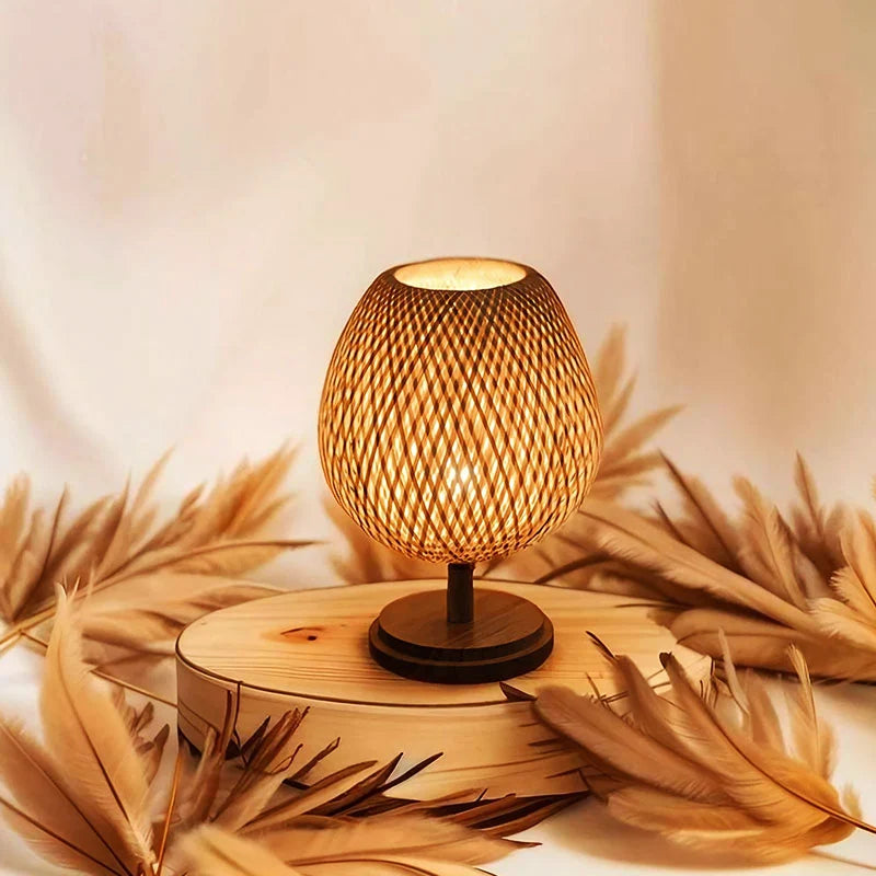 Bedside Lamp | Handwoven Rattan & Solid Wood Base
