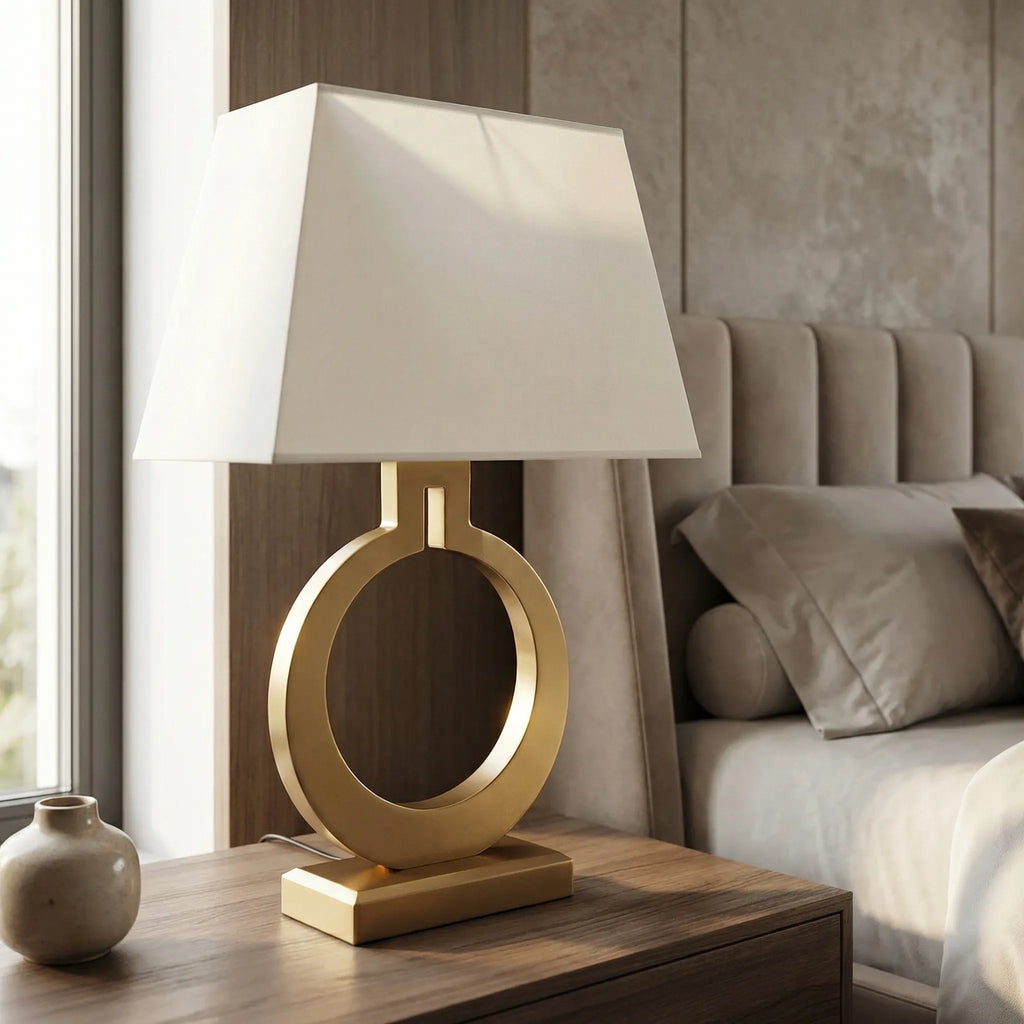 Bedside Lamp | Sculptural Ring Base & Fabric Shade | 35 x 56 cm