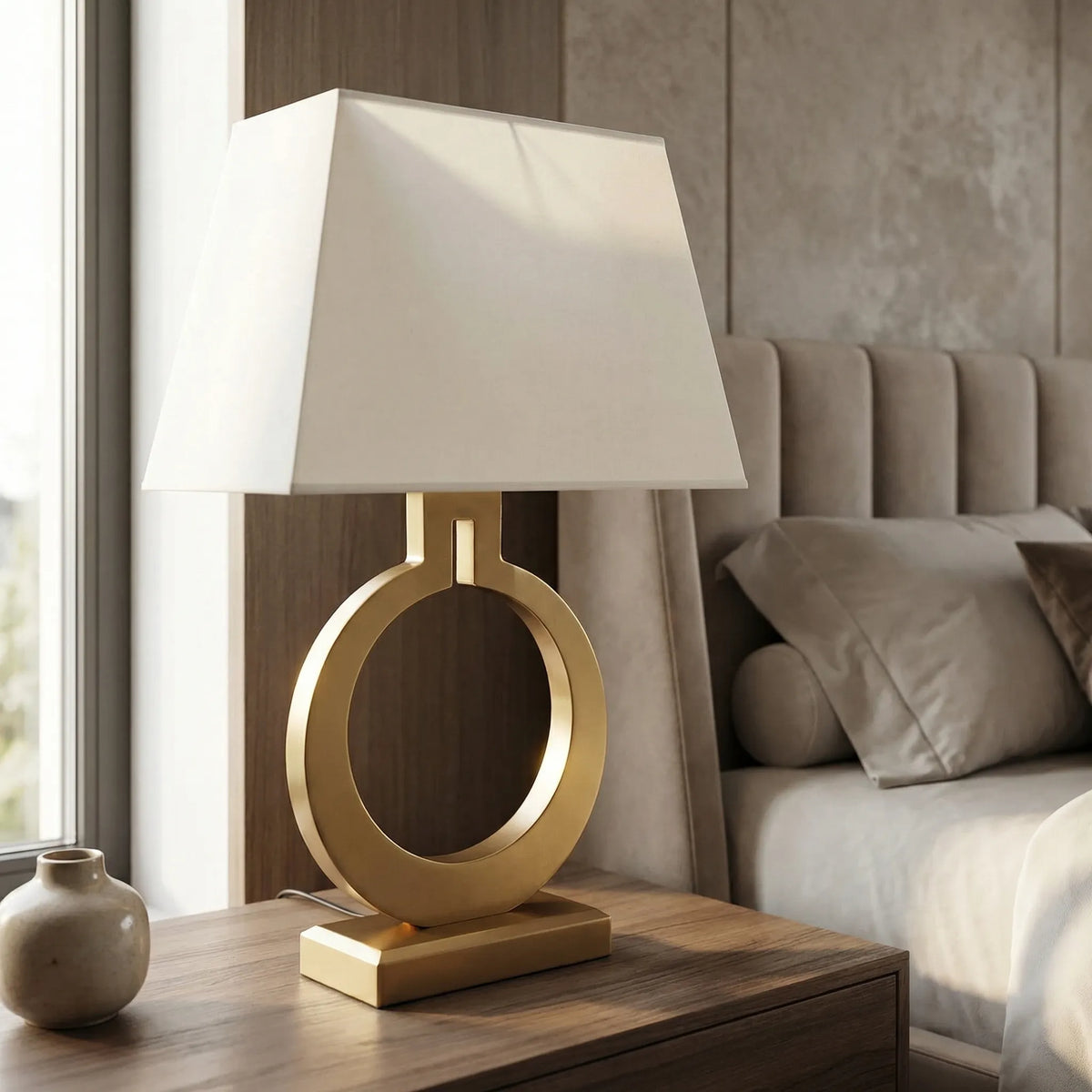 Bedside Lamp | Sculptural Ring Base & Fabric Shade | 35 x 56 cm