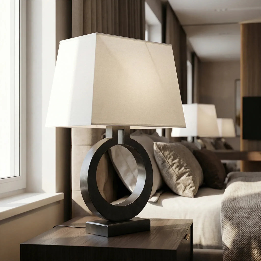 Bedside Lamp | Sculptural Ring Base & Fabric Shade | 35 x 56 cm
