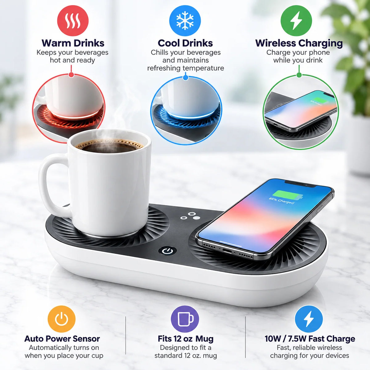 Beverage Warmer & Cooler | Wireless Charging | Includes 12 Oz Mug