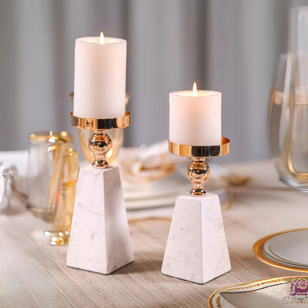 Candle Holder | Pyramid Marble & Gold Accent