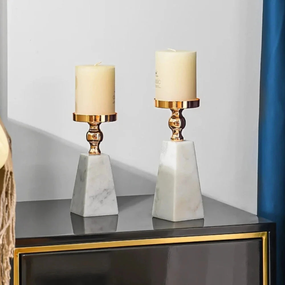 Candle Holder | Pyramid Marble & Gold Accent