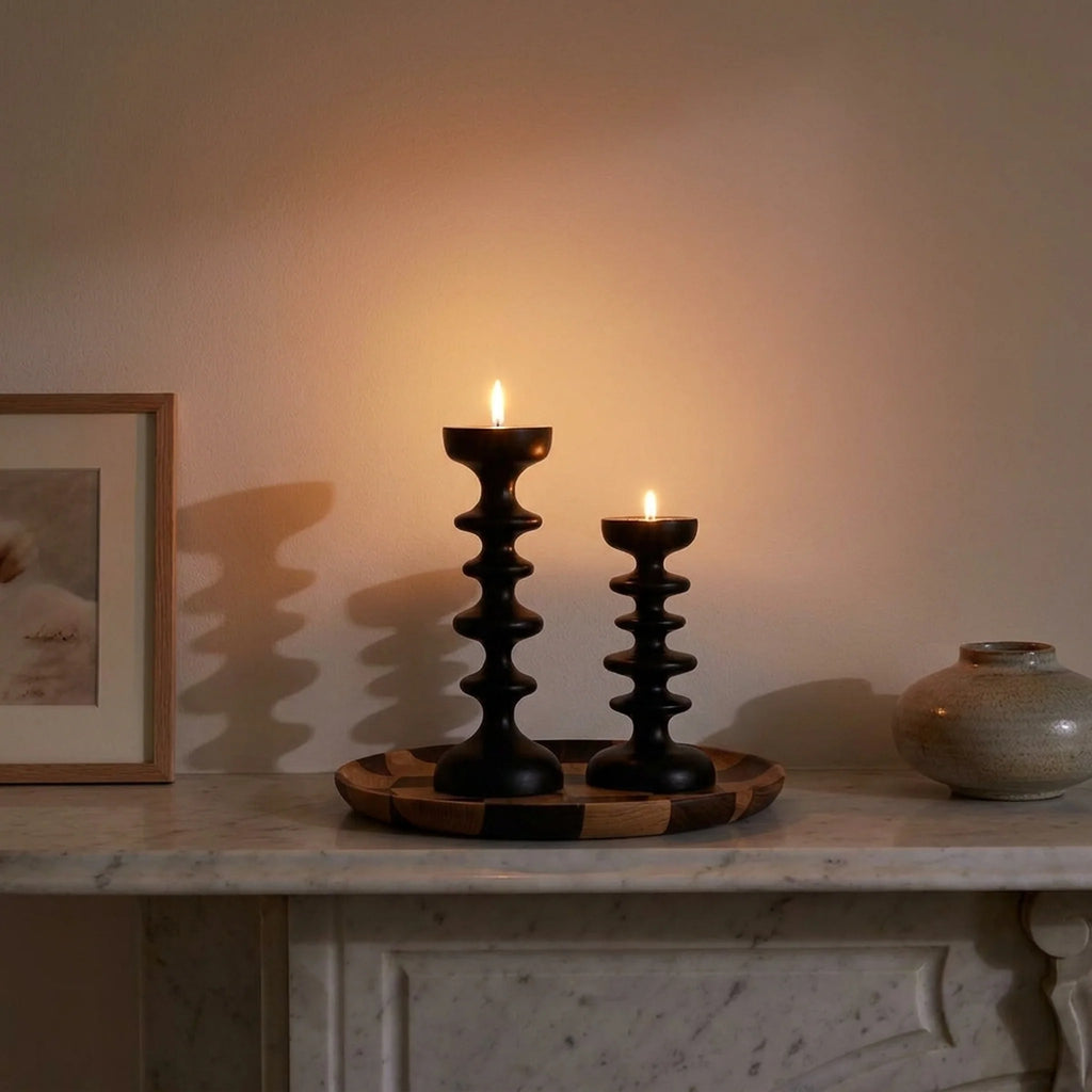 Candle Holder | Sculptural Black Wood | Set of 2