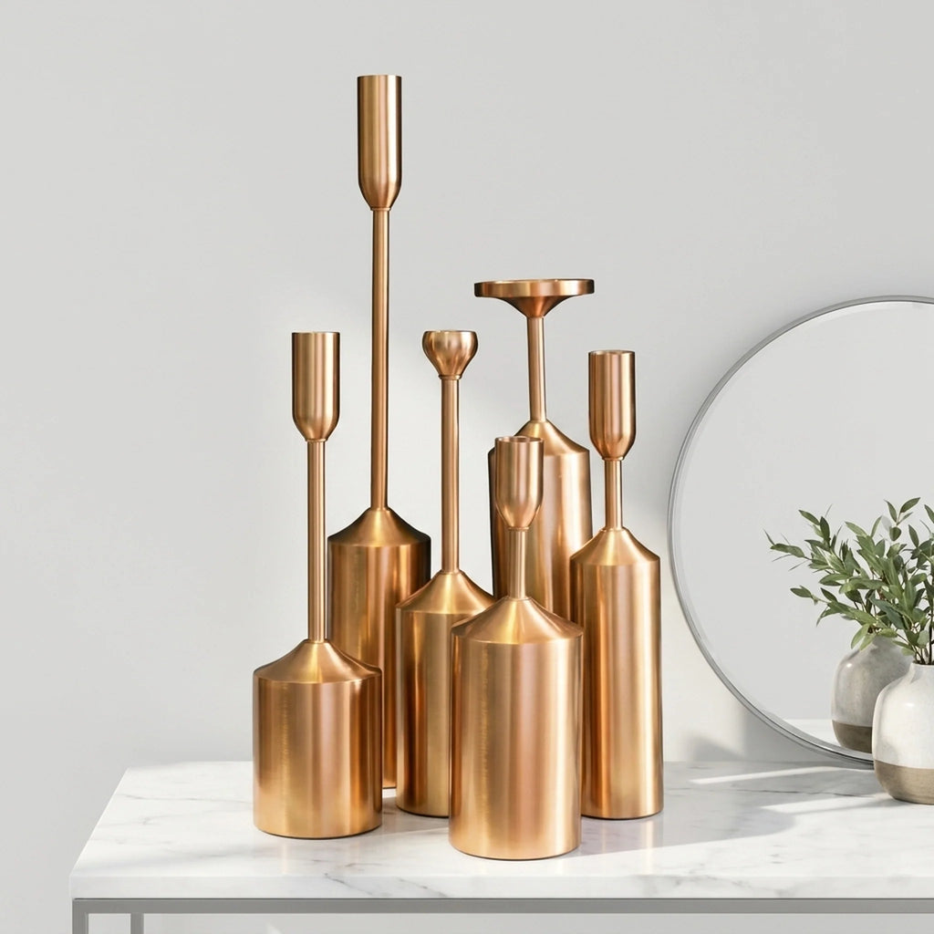 Candle Holder Set | Gold-Coated Aluminum & Reflective Finish | 3-Piece Set