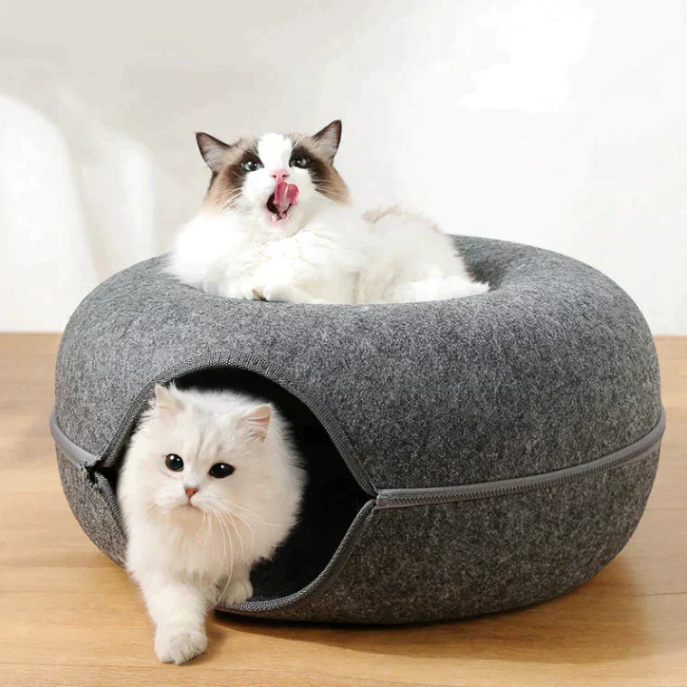 Cat Bed & Playhouse | Donut-Shaped Plush Fleece & Non-Slip Bottom