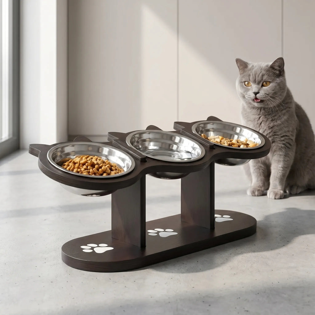 Cat Feeding Station | 15° Tilt & Stainless Steel | 3 Bowls