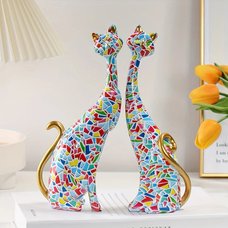 Cat Figurine Set | Resin Abstract & Gold-Accented | Set of 2