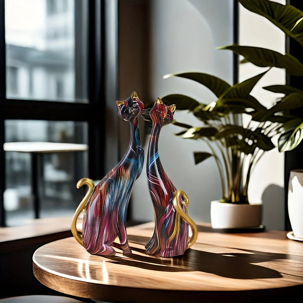 Cat Figurine Set | Resin Abstract & Gold-Accented | Set of 2