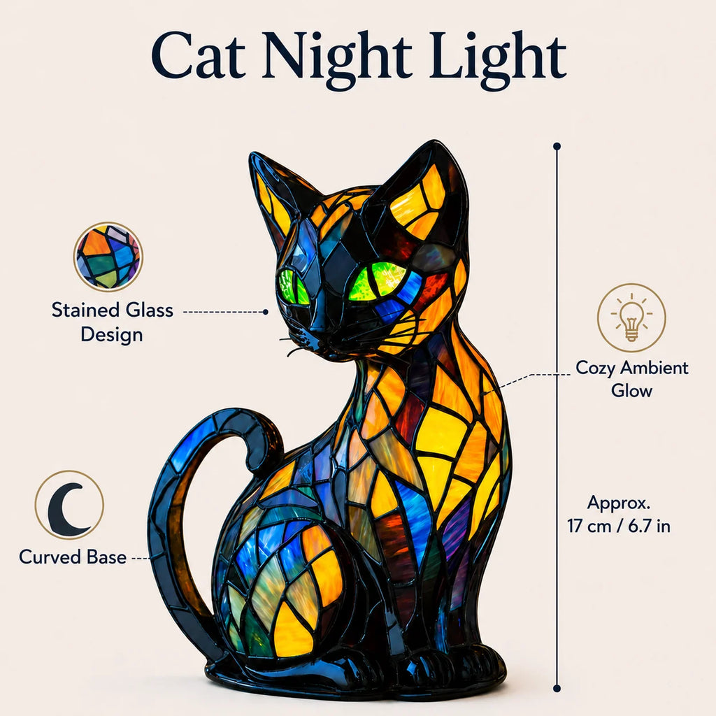 Cat Night Light | Stained Glass & Curved Base | 17 cm