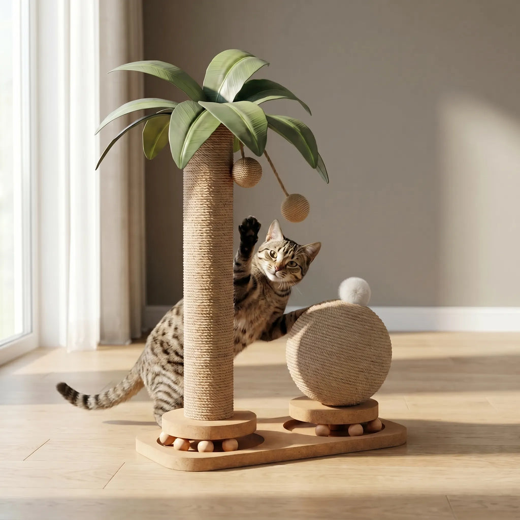 Cat Scratching Post | Compact Palm Design | Sisal & Ball Track