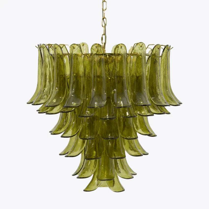 Ceiling Chandelier | Layered Green Petal Glass & Satin Brass | 80 cm Dia