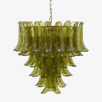 Ceiling Chandelier | Layered Green Petal Glass & Satin Brass | 80 cm Dia