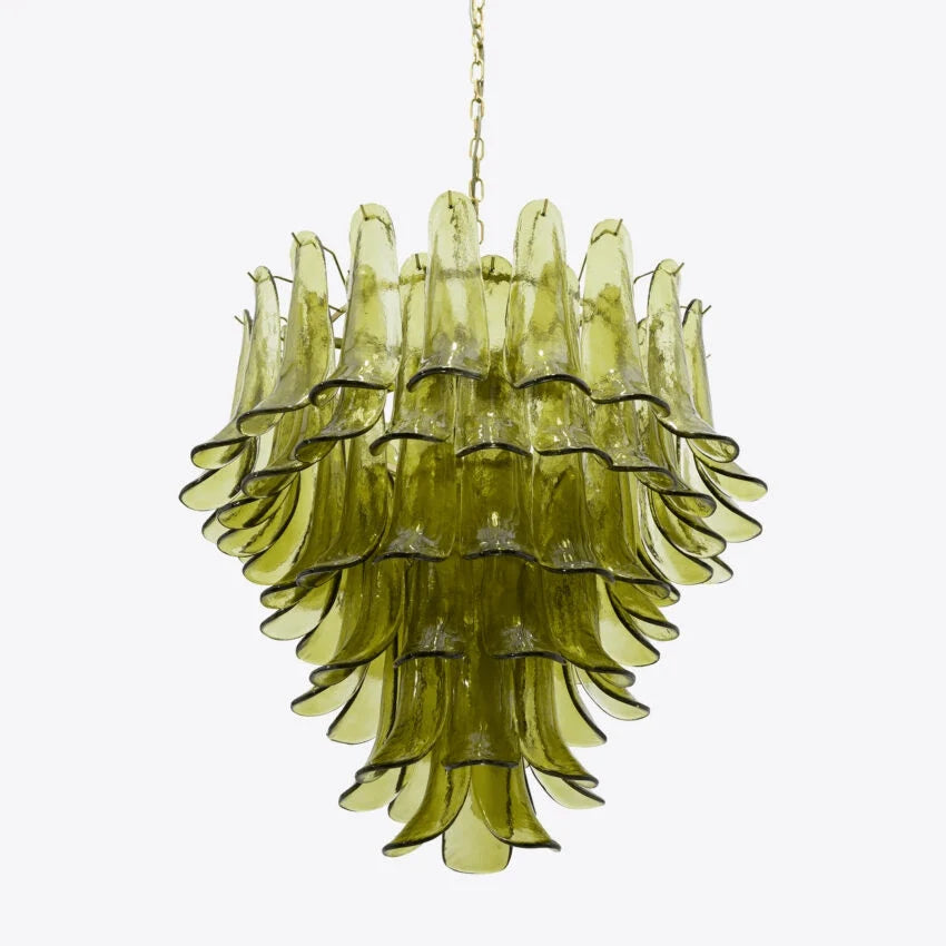 Ceiling Chandelier | Layered Green Petal Glass & Satin Brass | 80 cm Dia