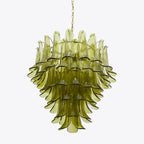 Ceiling Chandelier | Layered Green Petal Glass & Satin Brass | 80 cm Dia