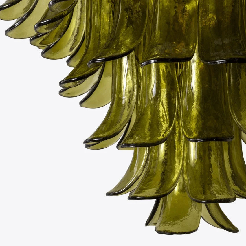 Ceiling Chandelier | Layered Green Petal Glass & Satin Brass | 80 cm Dia