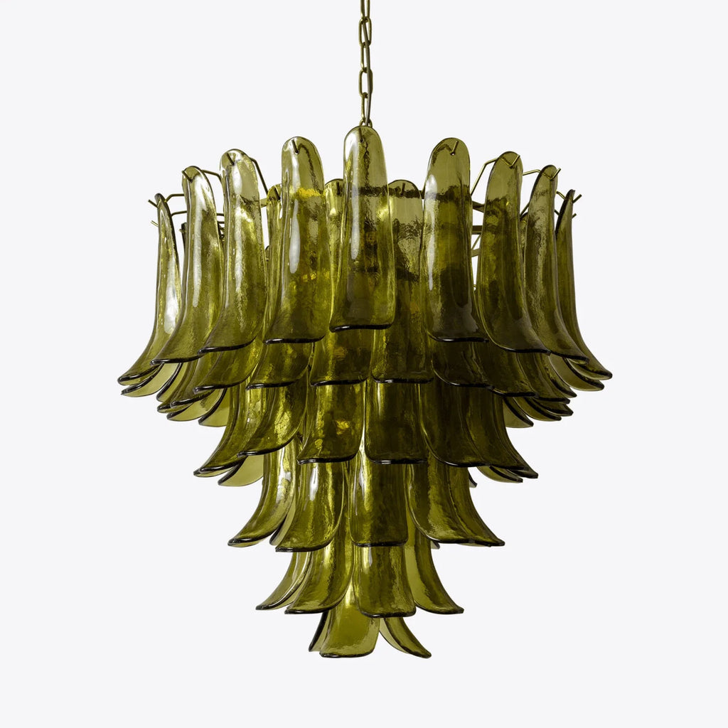 Ceiling Chandelier | Layered Green Petal Glass & Satin Brass | 80 cm Dia