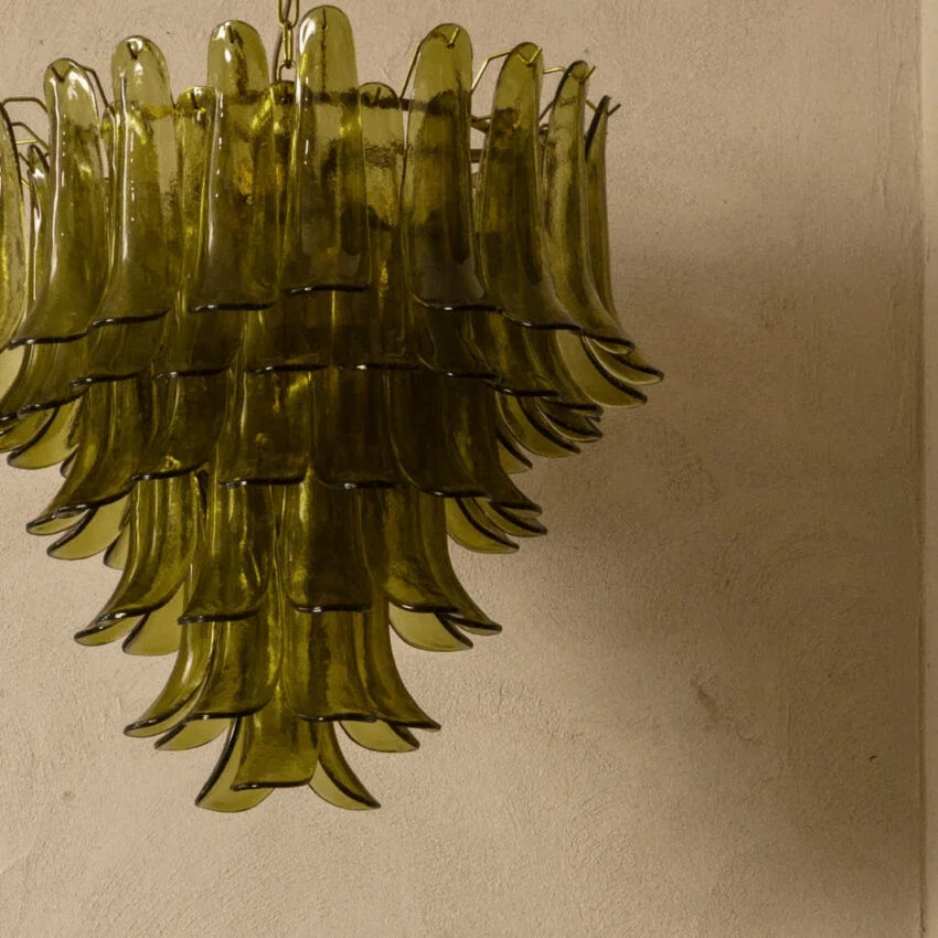 Ceiling Chandelier | Layered Green Petal Glass & Satin Brass | 80 cm Dia