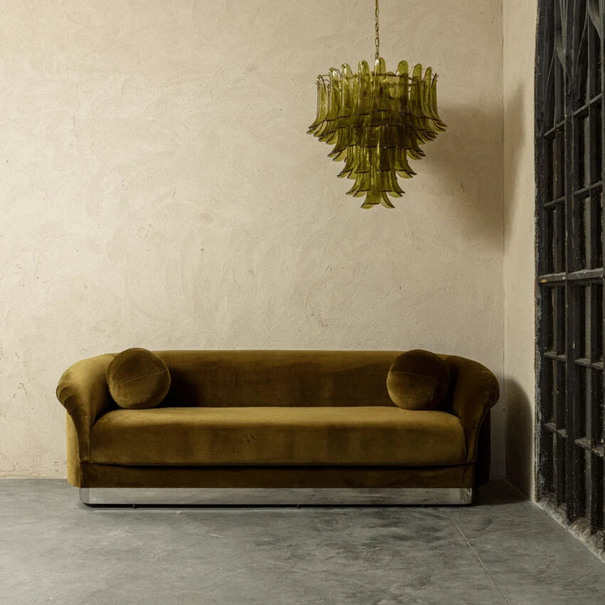 Ceiling Chandelier | Layered Green Petal Glass & Satin Brass | 80 cm Dia