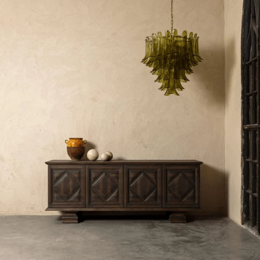 Ceiling Chandelier | Layered Green Petal Glass & Satin Brass | 80 cm Dia