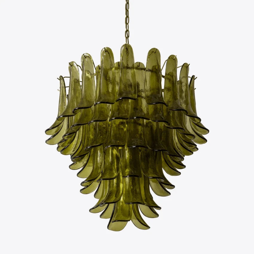 Ceiling Chandelier | Layered Green Petal Glass & Satin Brass | 80 cm Dia