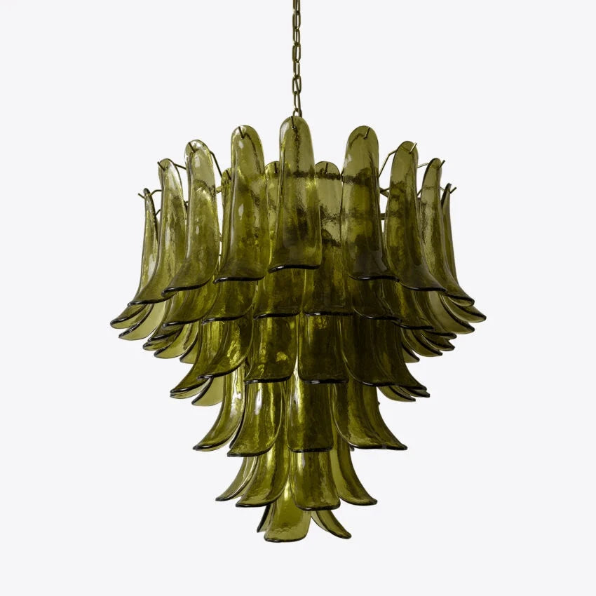 Ceiling Chandelier | Layered Green Petal Glass & Satin Brass | 80 cm Dia