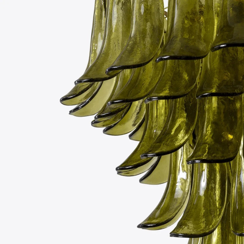 Ceiling Chandelier | Layered Green Petal Glass & Satin Brass | 80 cm Dia