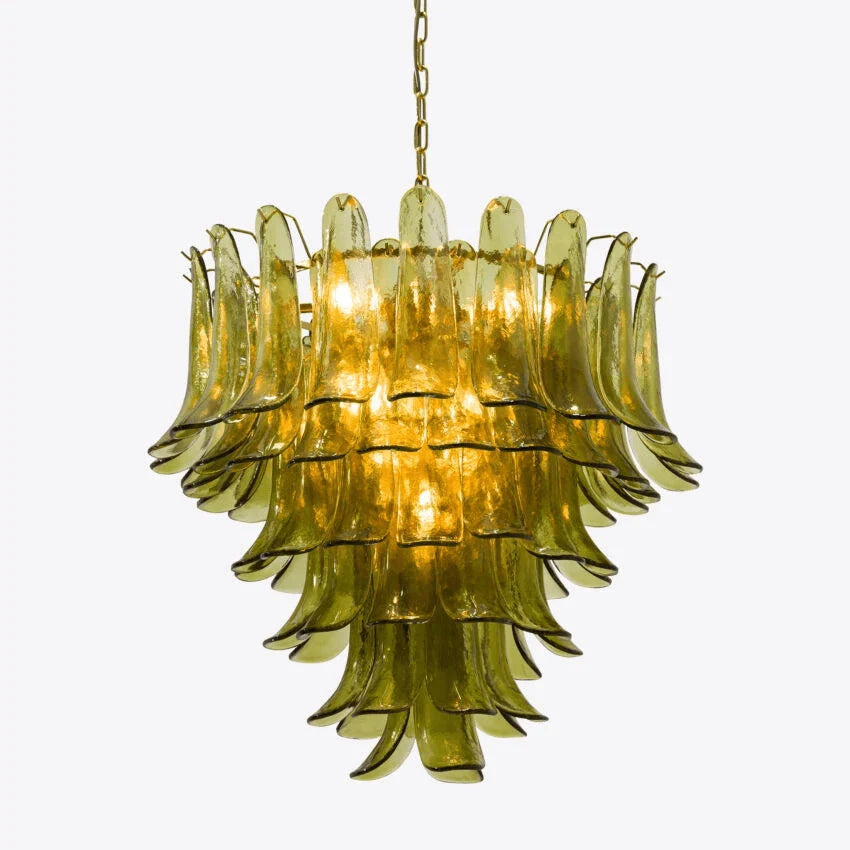 Ceiling Chandelier | Layered Green Petal Glass & Satin Brass | 80 cm Dia