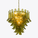 Ceiling Chandelier | Layered Green Petal Glass & Satin Brass | 80 cm Dia