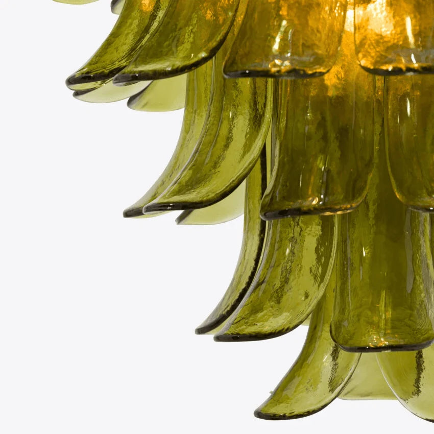 Ceiling Chandelier | Layered Green Petal Glass & Satin Brass | 80 cm Dia