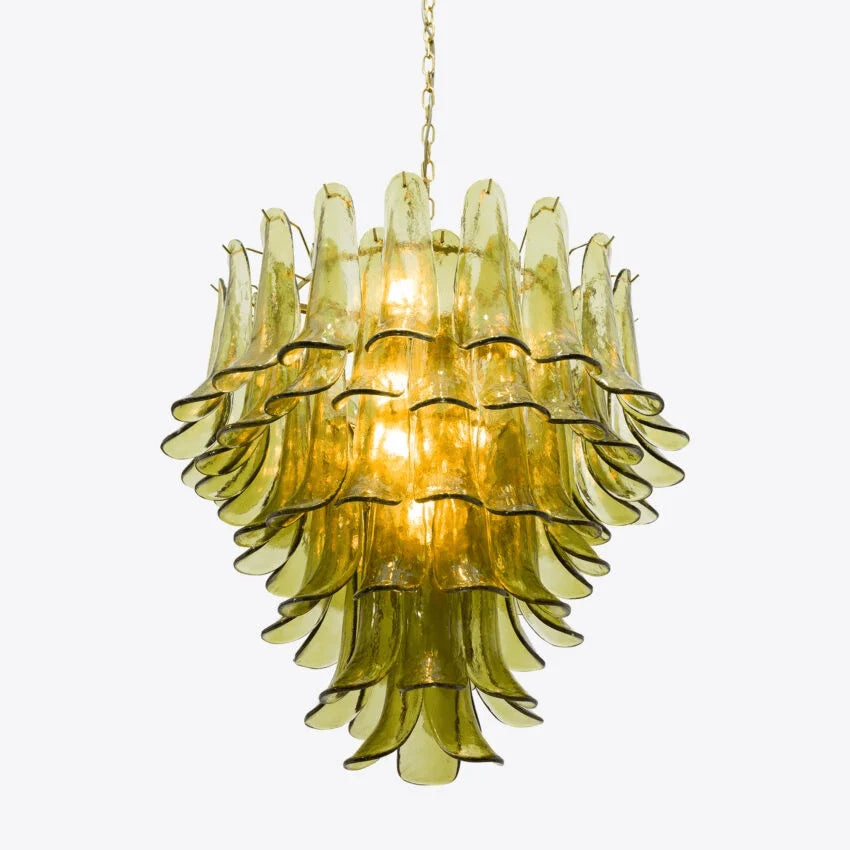 Ceiling Chandelier | Layered Green Petal Glass & Satin Brass | 80 cm Dia