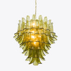 Ceiling Chandelier | Layered Green Petal Glass & Satin Brass | 80 cm Dia
