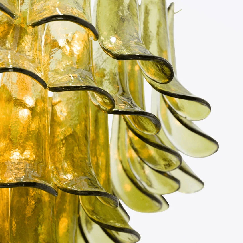 Ceiling Chandelier | Layered Green Petal Glass & Satin Brass | 80 cm Dia
