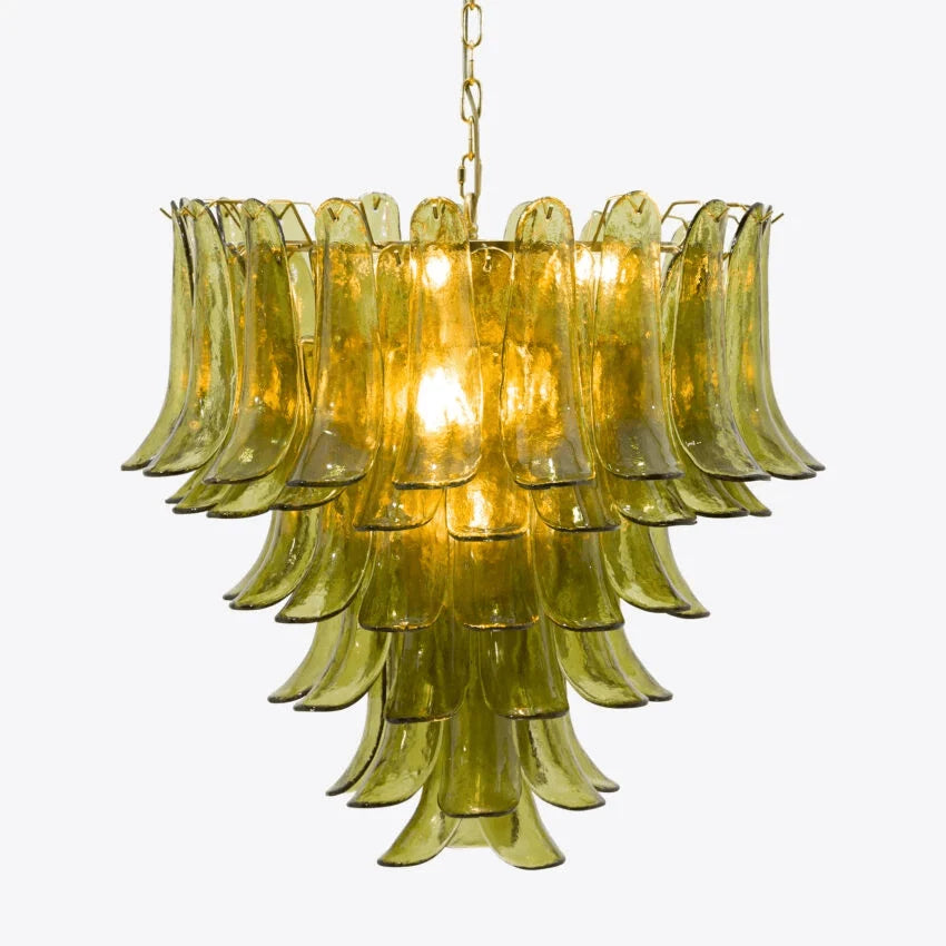 Ceiling Chandelier | Layered Green Petal Glass & Satin Brass | 80 cm Dia