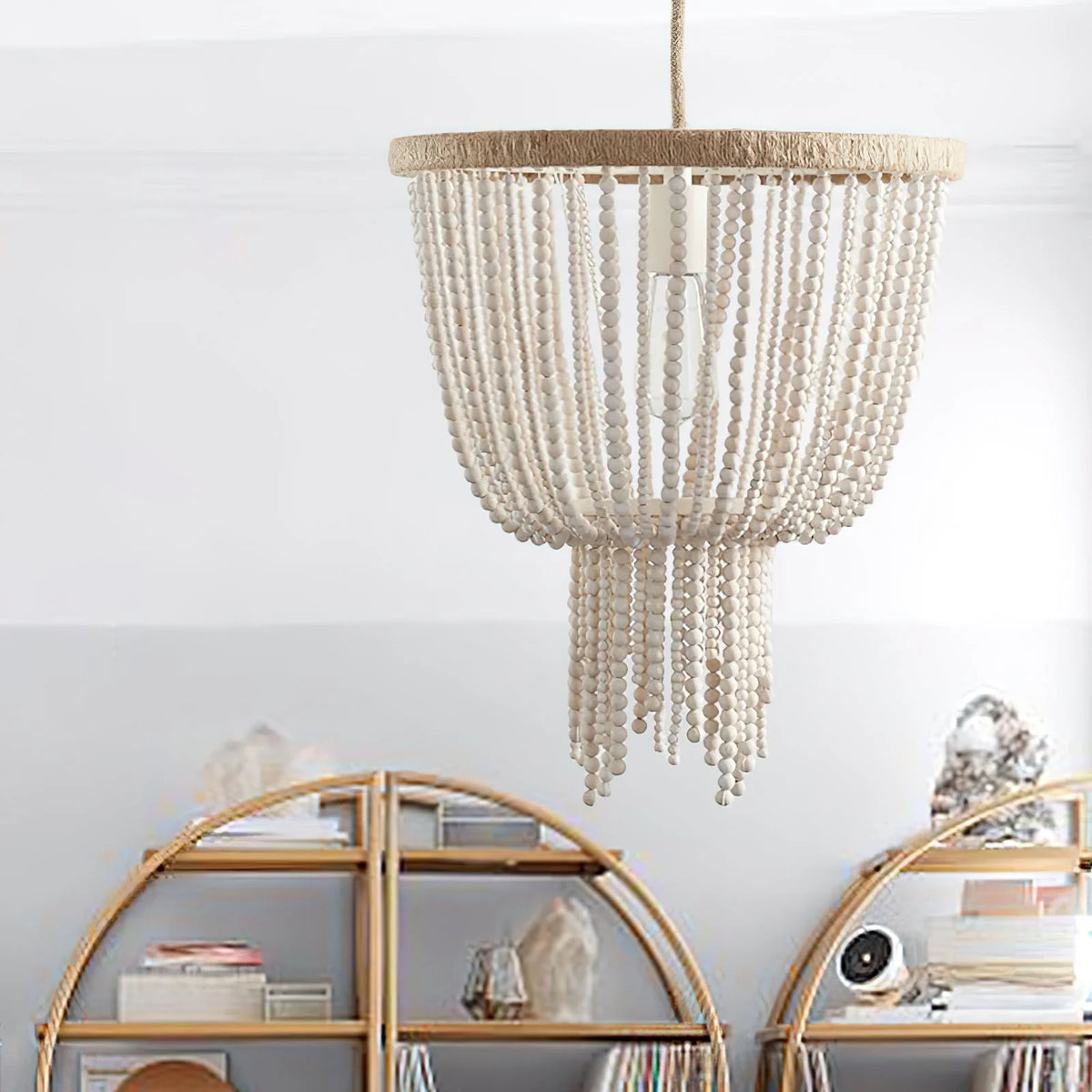 Ceiling Chandelier | Wood Beads & Hemp Rope | 38 cm Diameter