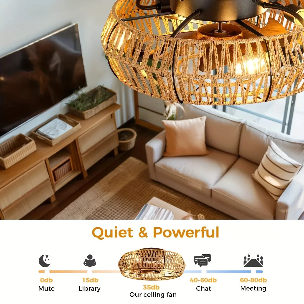 Ceiling Fan | Handwoven Rattan & Ultra-Quiet DC Motor | 48 cm Diameter